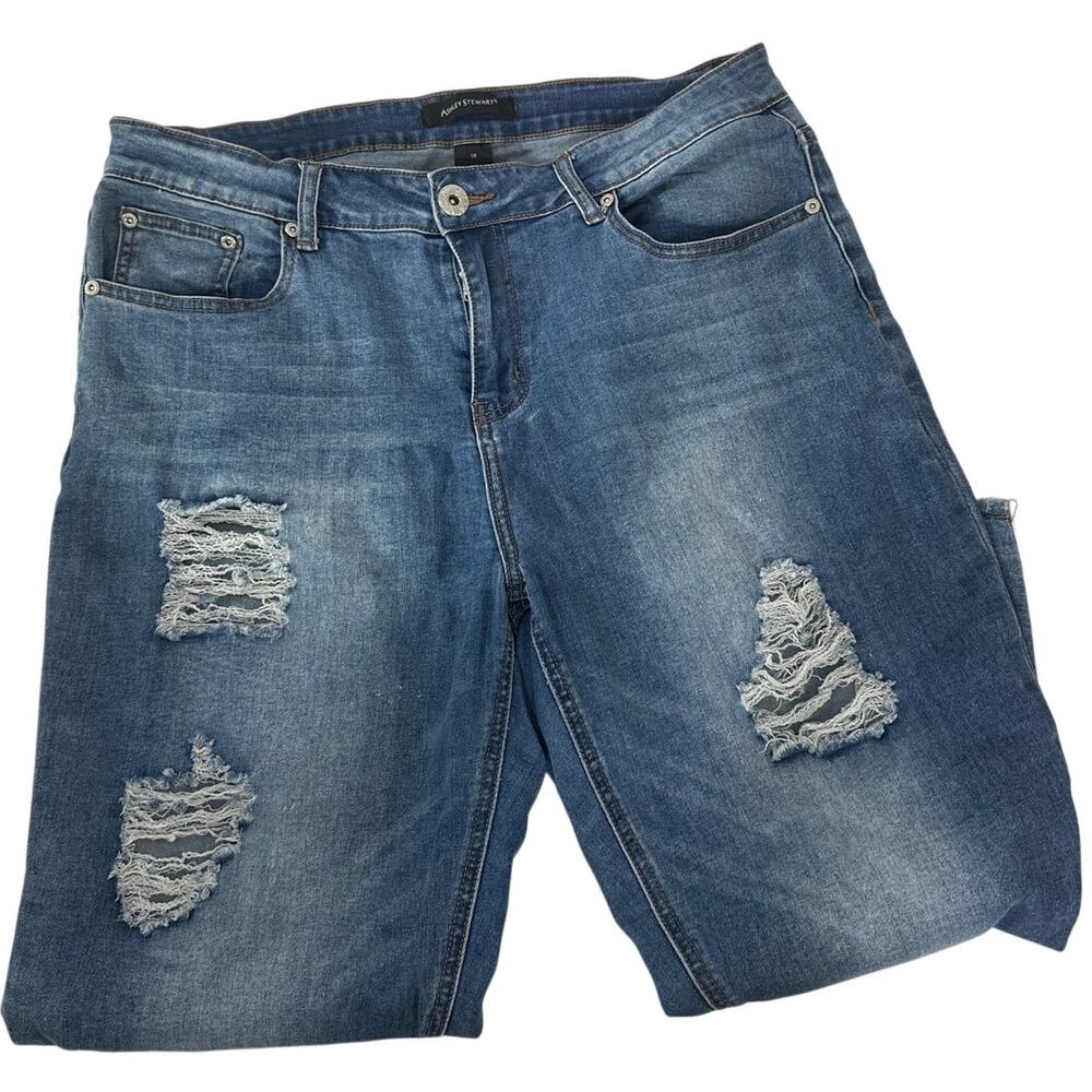 Ashley Stewart Distressed Raw Hem Denim Medium Wash Cropped Jeans Size 14